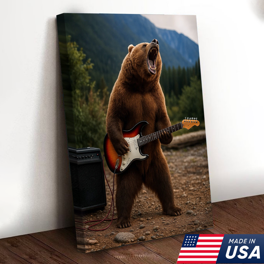 Funny Bear Canvas Wall Art – Rock and Roll Wildlife Decor, Guitar Playing Grizzly