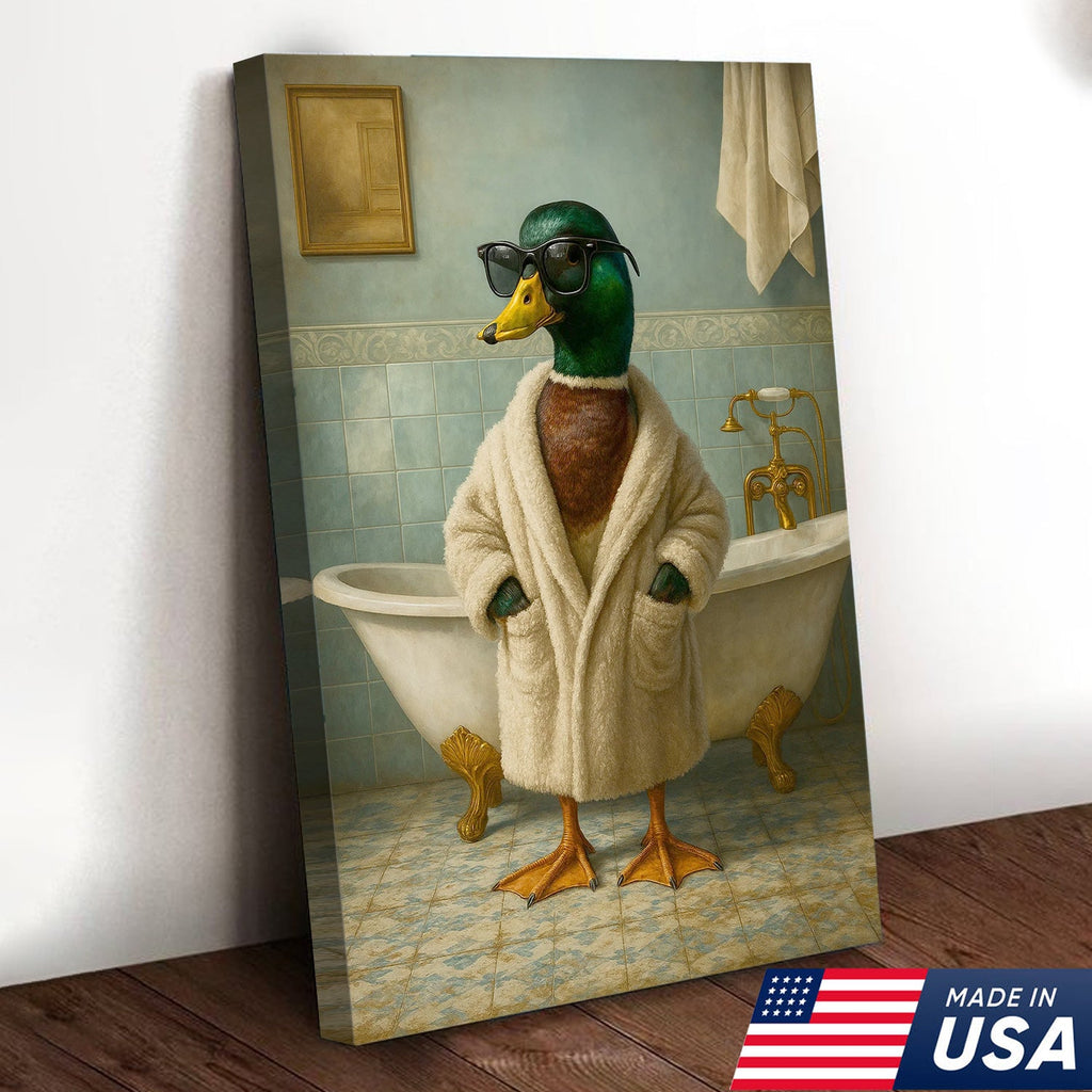 Bathrobe Duck Canvas Art – Cool Duck in Cozy Robe with Sunglasses
