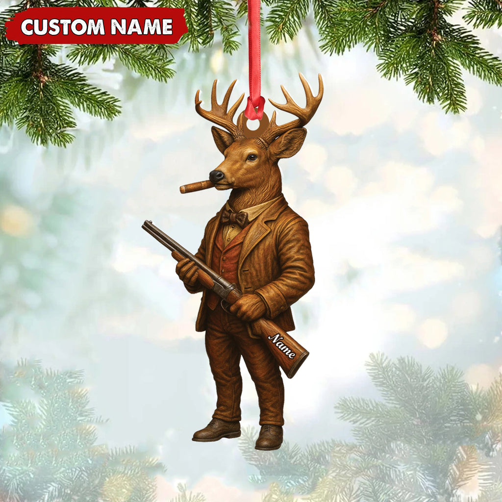 Personalized Acrylic Deer Hunter Christmas Ornament – Custom Name Rustic Hunting Lodge Decor