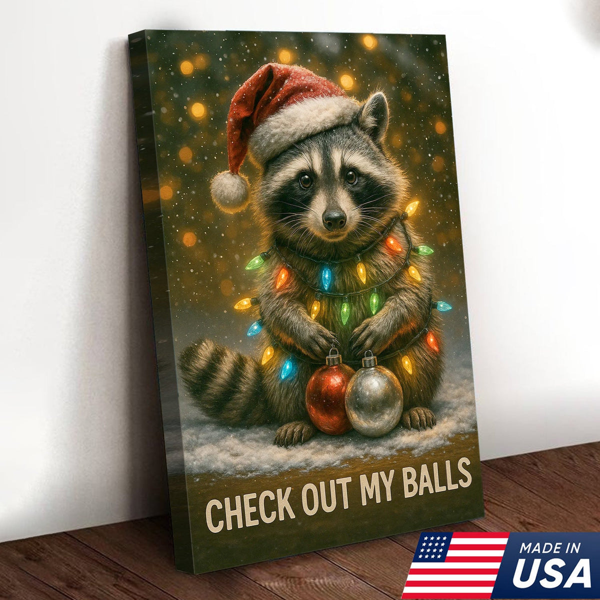 Funny Christmas Raccoon Canvas Art – Cute Holiday Raccoon with Lights & Ornaments