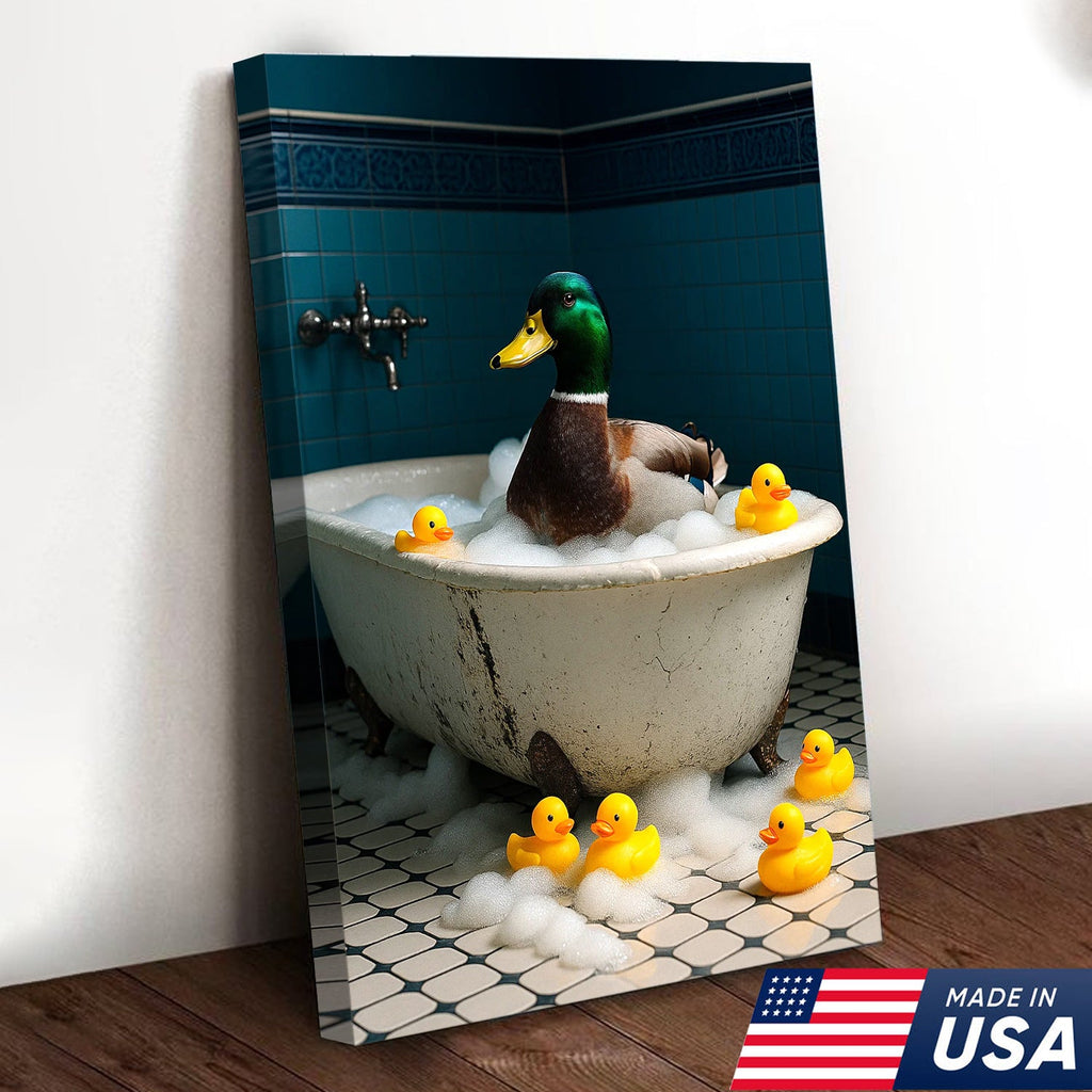 Bubble Bath Duck Canvas Art – Funny Duck in Foamy Tub with Rubber Ducklings