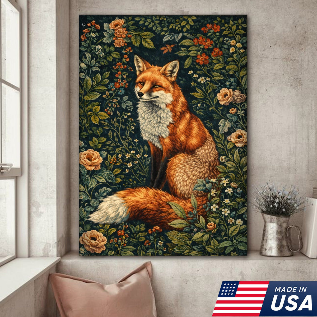 Woodland Floral Animals Triptych Canvas Wall Art Set, Vintage Botanical Fox Rabbit Deer Prints