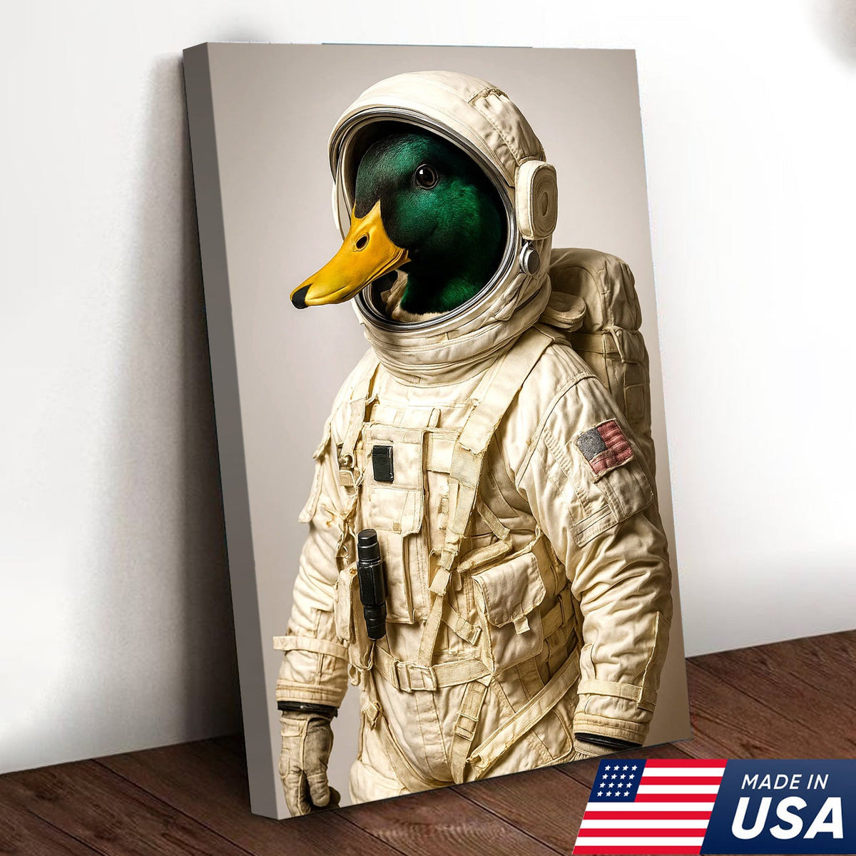 Astronaut Duck Canvas Art – Space Explorer Duck in Full Spacesuit, Whimsical Animal Wall Decor