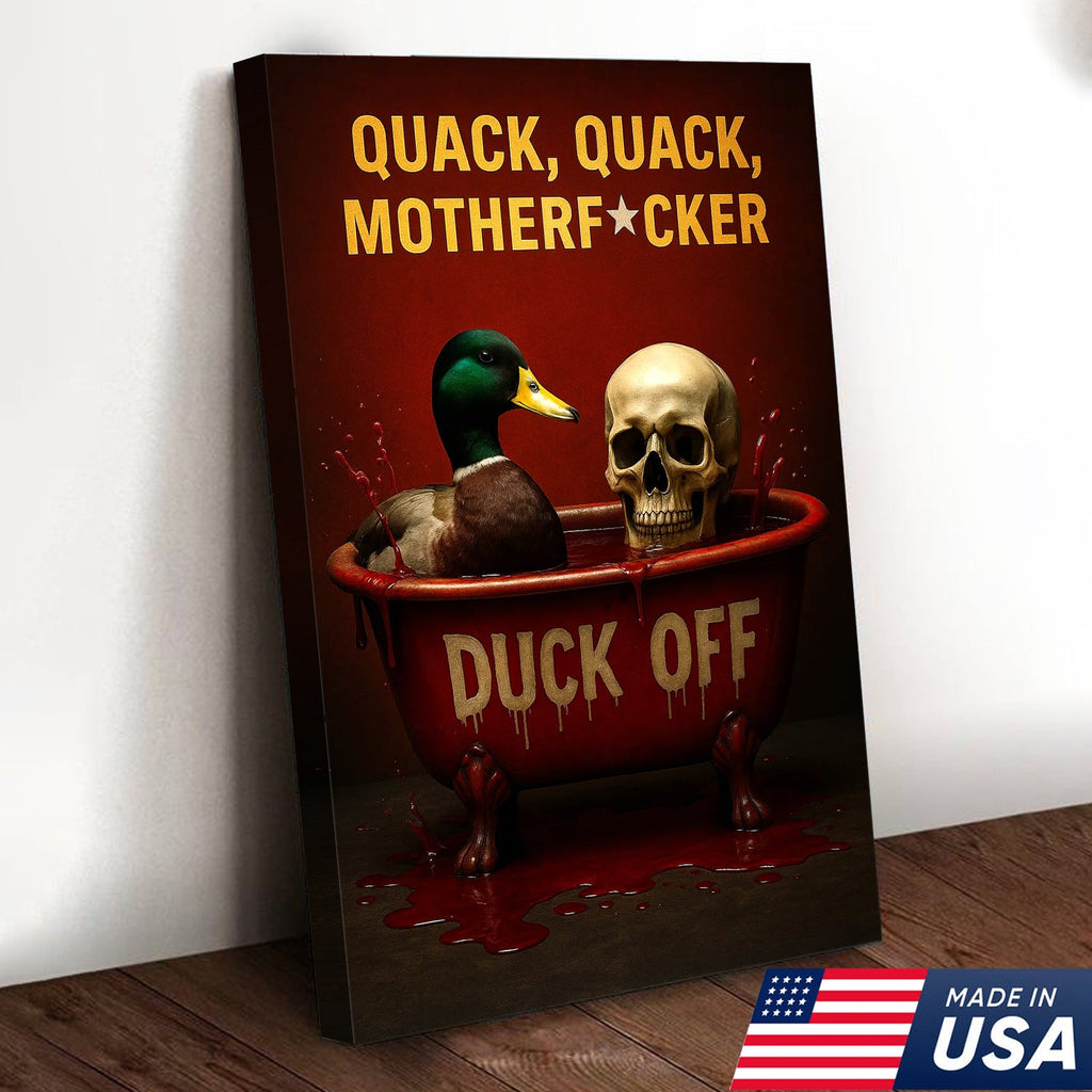 Dark Humor Duck Canvas Art – Savage Duck in Bloody Tub with Skull, Horror-Style “Duck Off” Wall Decor