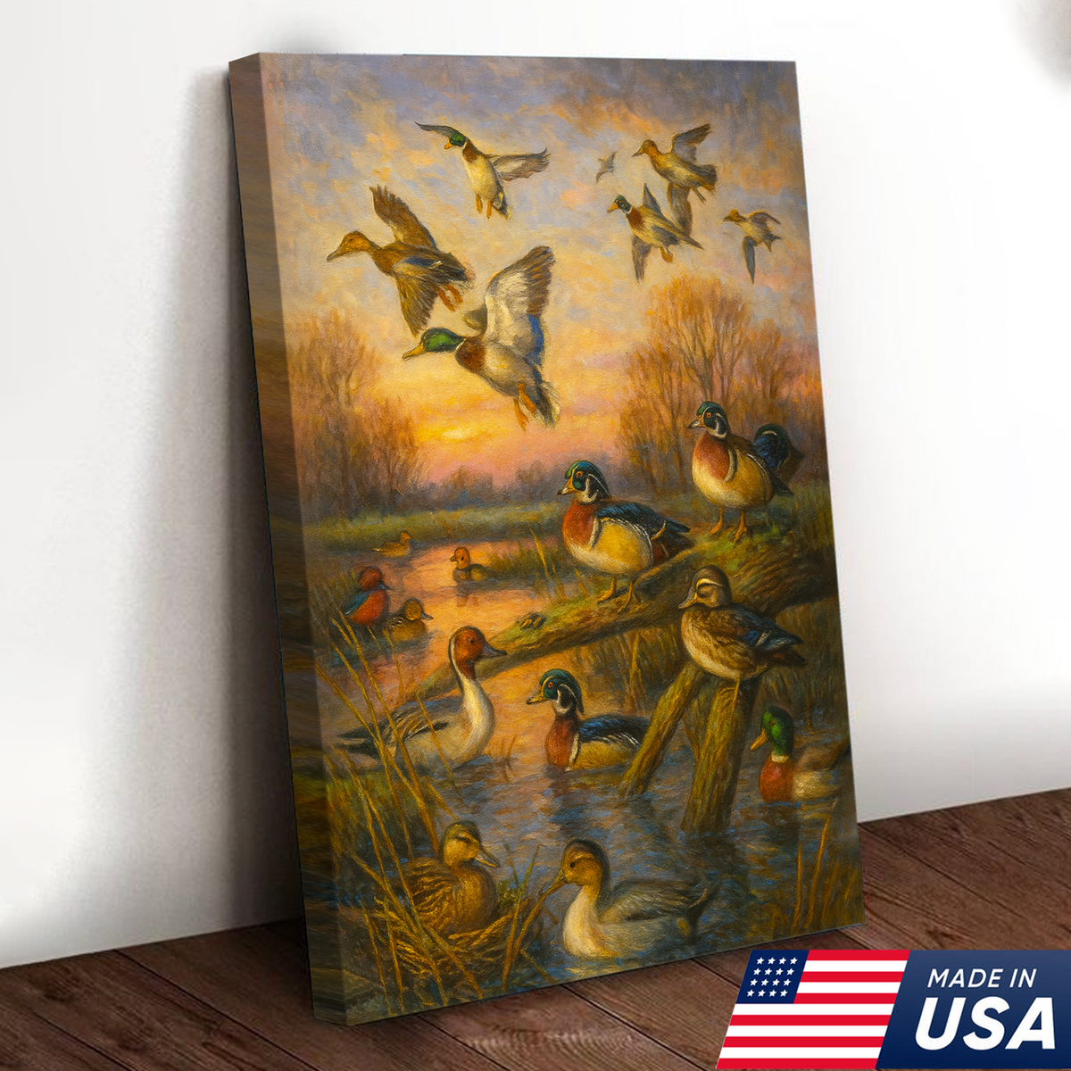 Duck Hunting Canvas Wall Art – Oil Painting Style Waterfowl at Sunset Rustic Lodge Decor