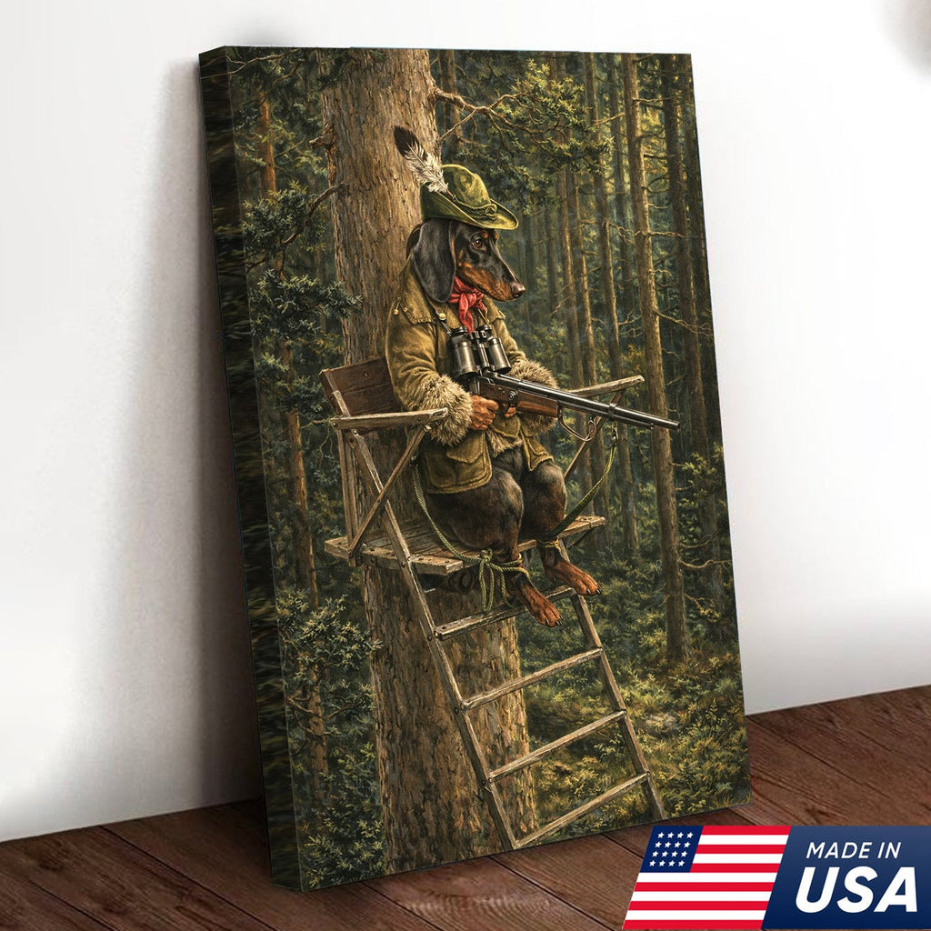 Funny Hunting Dog Wall Art, Dachshund Hunter Tree Stand Canvas
