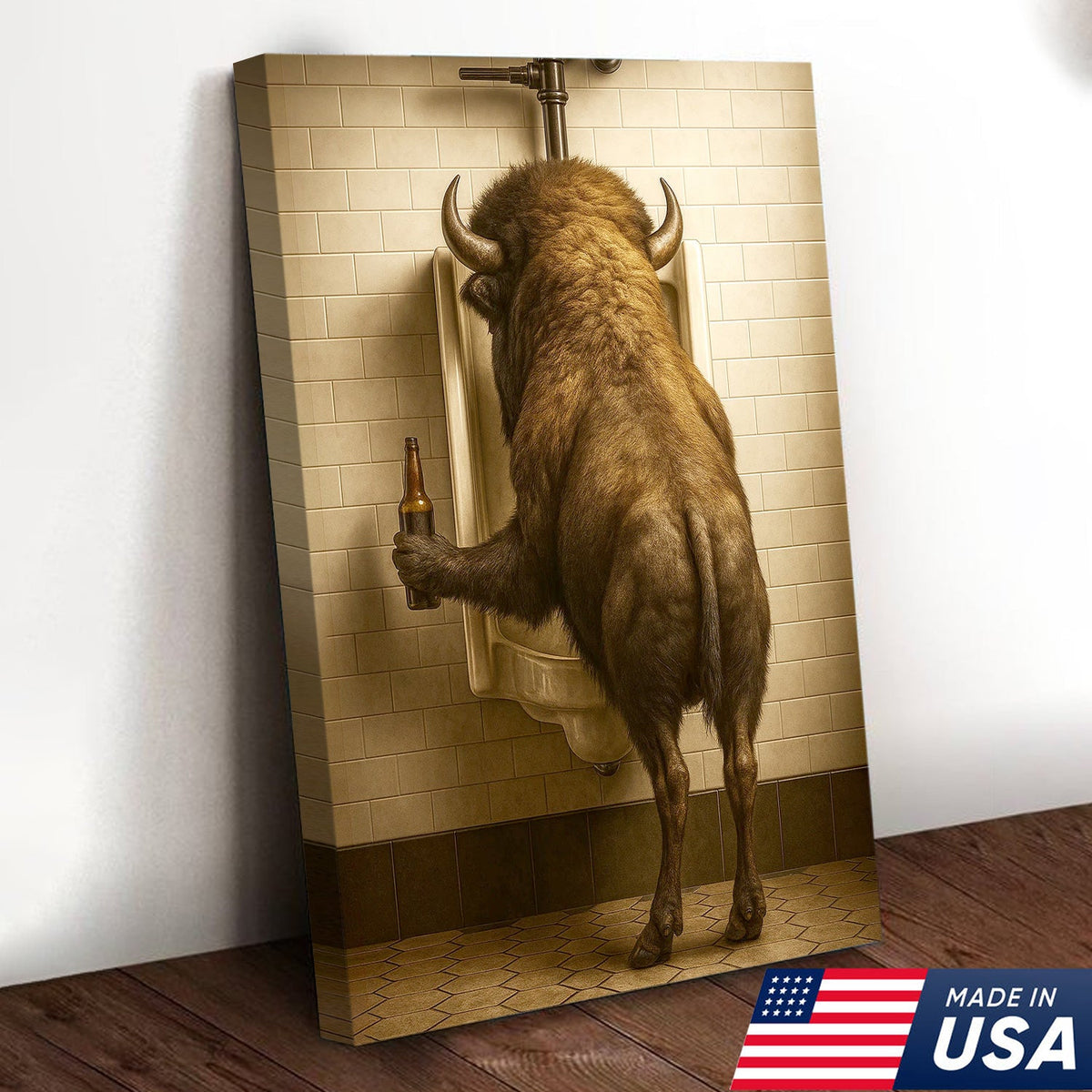 Funny Bison Canvas Wall Art - Rustic Bathroom Lodge Decor for Hunters - Unique Wildlife Cabin Print