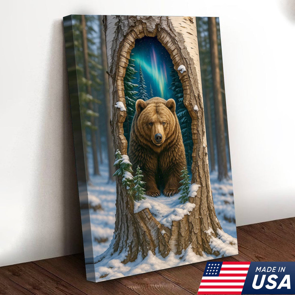 Aurora Borealis Bear in Hollow Tree Canvas Wall Art, Winter Forest Cabin Decor