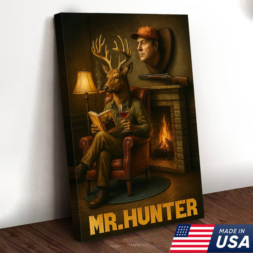 Funny Deer Hunter Wall Art, Rustic Cabin Decor for Hunters, Mr. Hunter Canvas Print