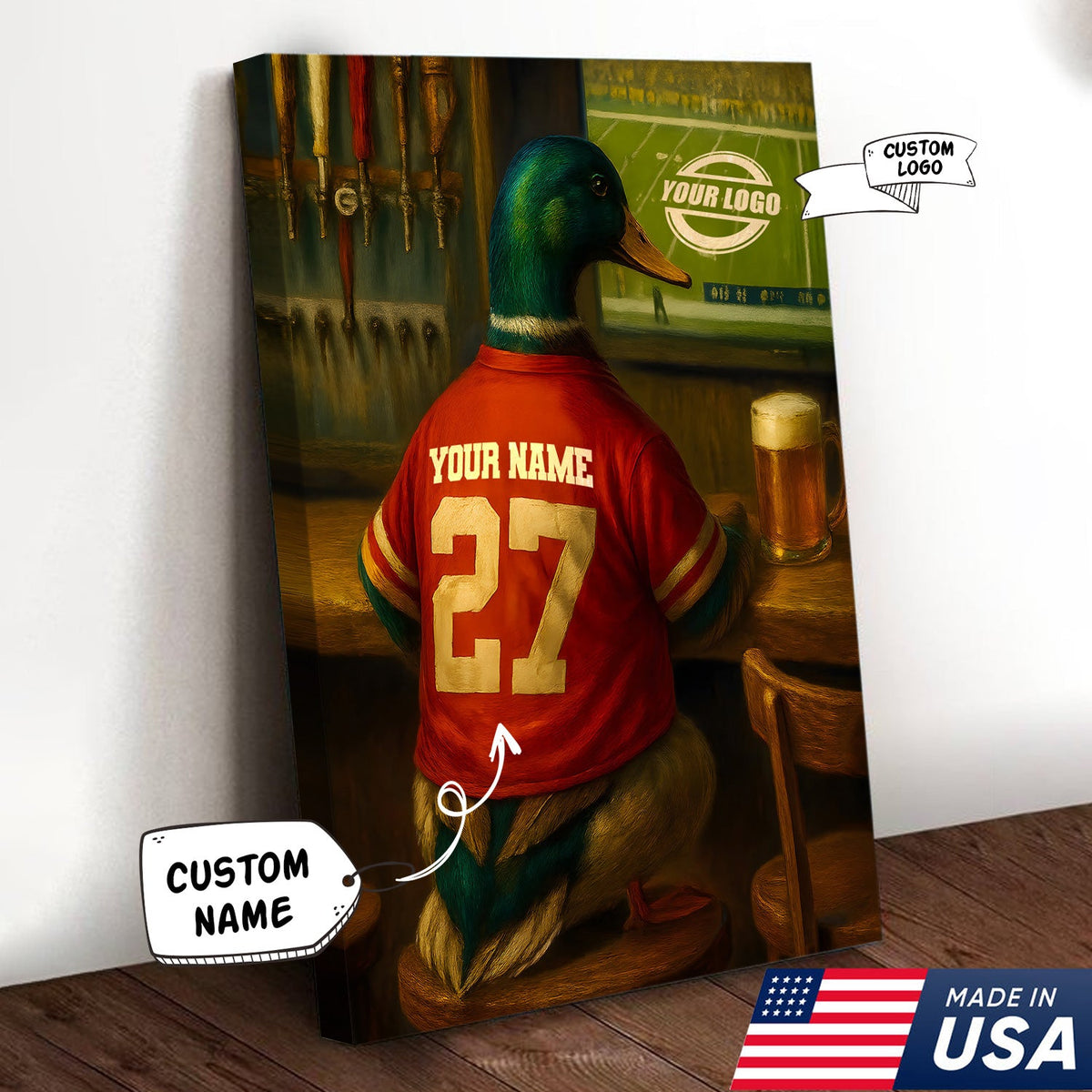 Custom Mallart Duck Football Canvas Wall Art – Personalized Duck Watching Sports Drinking Funny Sports Bar Decor
