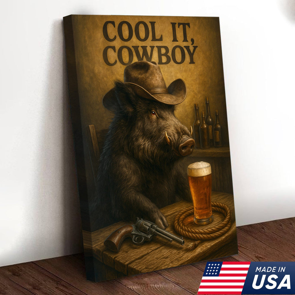 Funny Wild Boar Cowboy Canvas – Rustic Wildlife Bar Wall Art Gift for Hunters, Lodge and Cabin