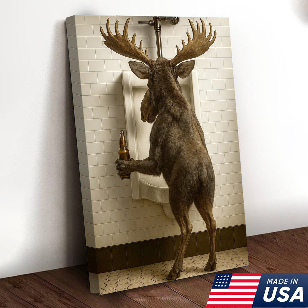 Moose Bathroom Canvas Wall Art - Funny Rustic Lodge Decor for Cabin and Hunting Enthusiasts