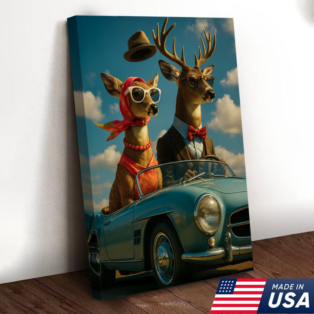 Retro Deer Couple Driving Canvas – Funny Buck & Doe in Convertible, Vintage Wall Art