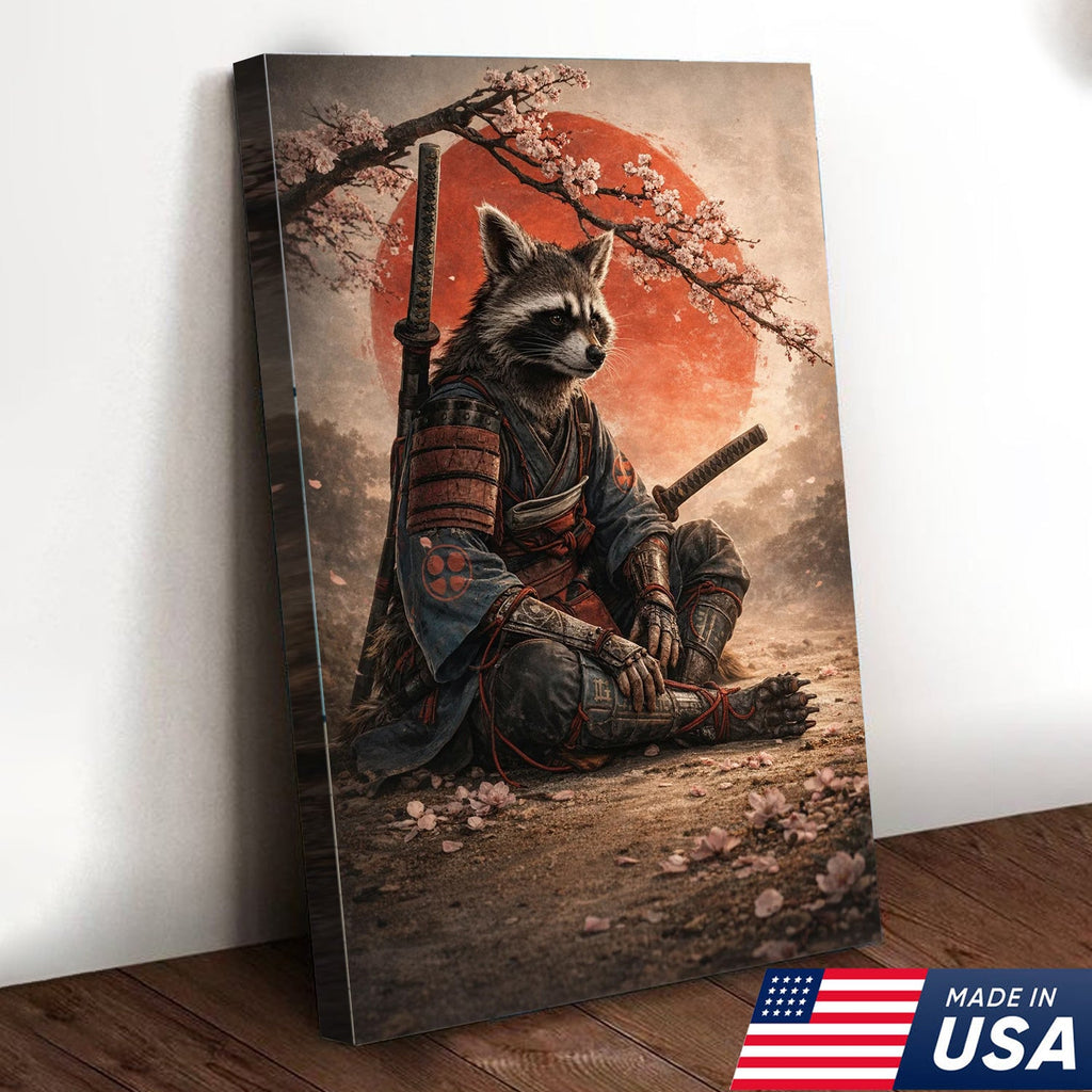 Samurai Raccoon Wall Art Canvas Print, Japanese Warrior Animal Illustration