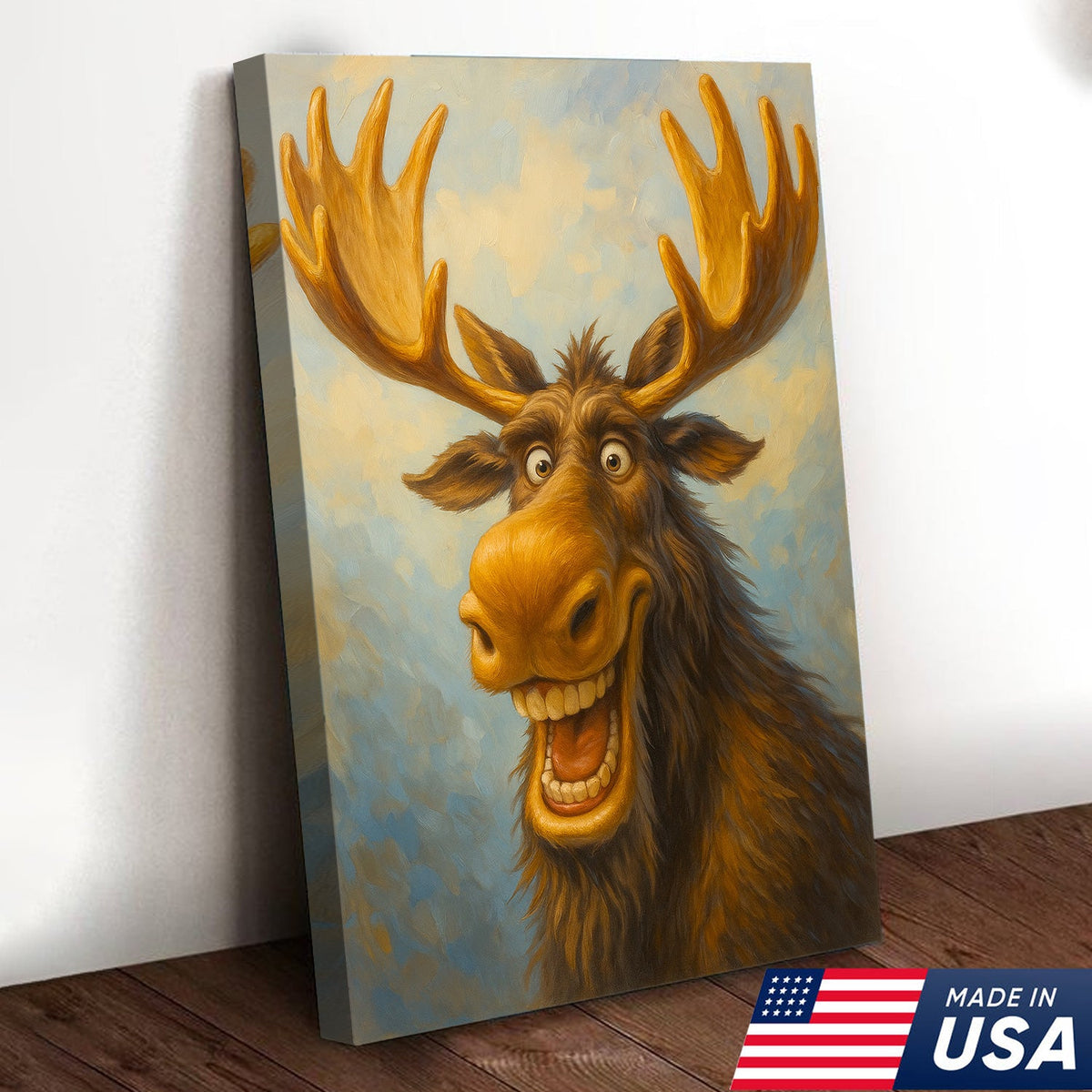 Funny Moose Wall Art – Cartoon Moose Decor, Rustic Cabin Gift, Lodge Bar Humor Canvas Print