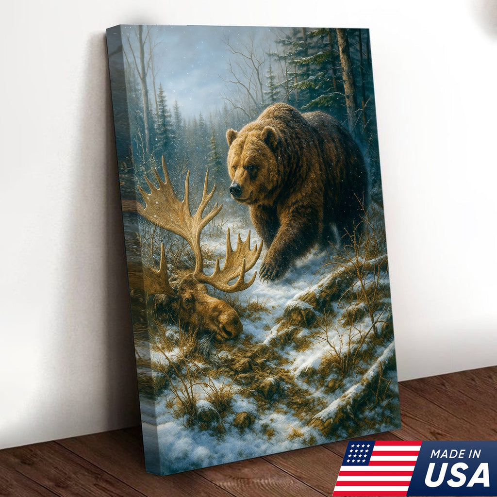 Grizzly Bear and Moose Wilderness Wall Art – Rustic Hunting Canvas for Cabin & Lodge Decor