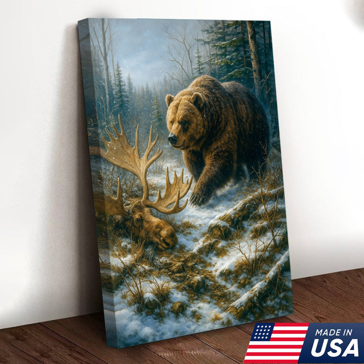 Grizzly Bear and Moose Wilderness Wall Art – Rustic Hunting Canvas for Cabin & Lodge Decor
