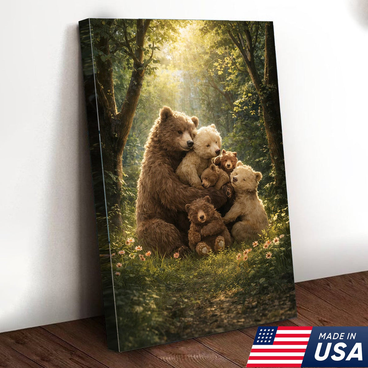 Heartwarming Bear Family Canvas Wall Art, Mother Bear with Cubs in Sunlit Forest