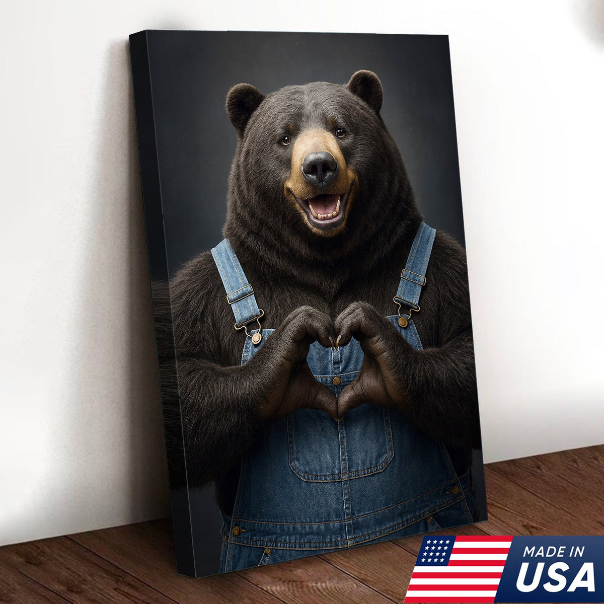 Cute Bear Heart Hands Wall Art Canvas – Whimsical Animal Print for Cabin