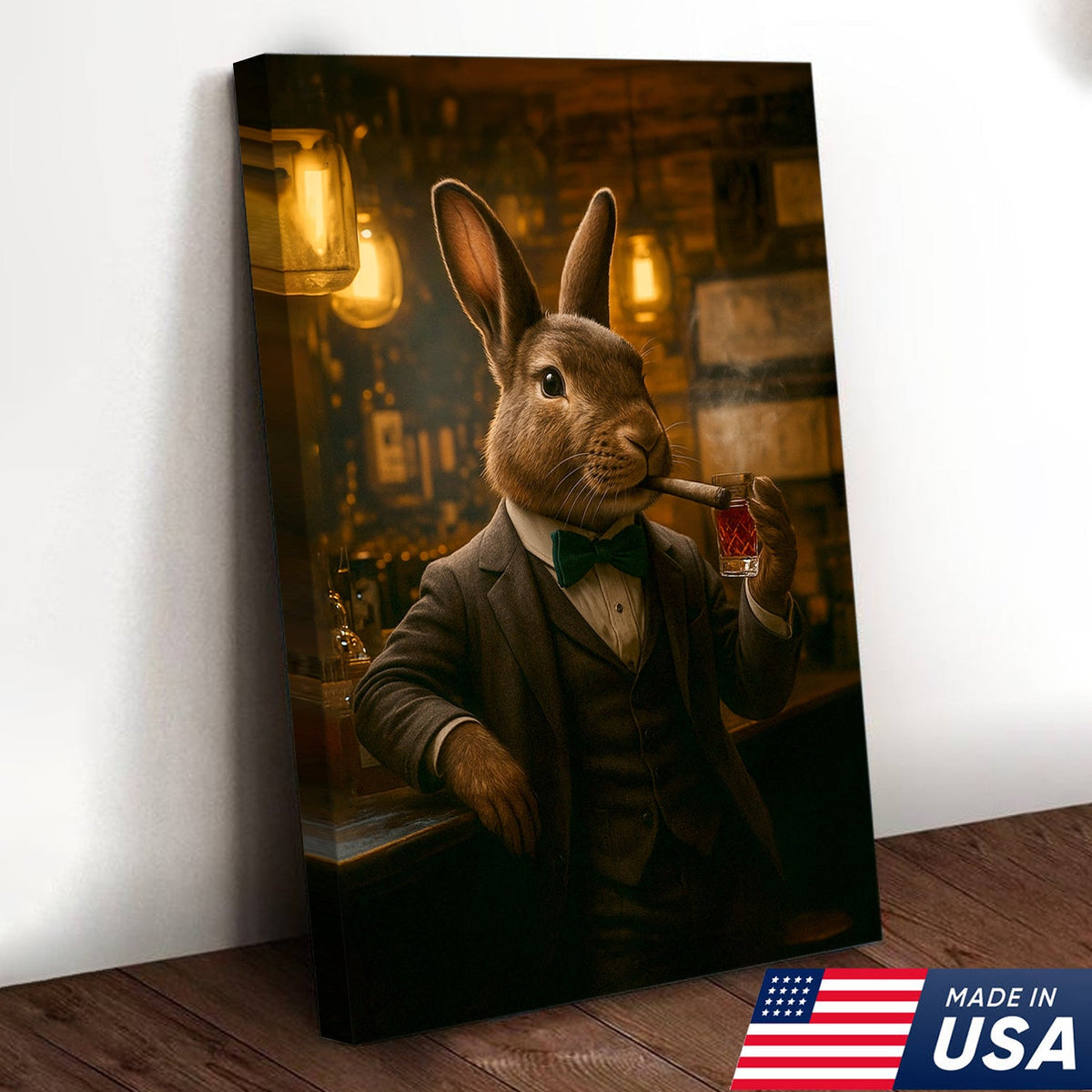 Rabbit Gentleman Wall Art – Classy Drinking & Smoking Canvas for Bar, Lodge & Man Cave Decor