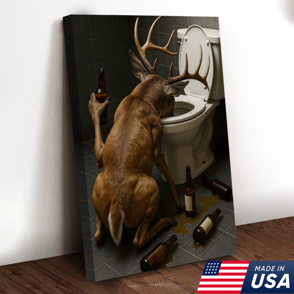 Funny Drunk Deer Canvas Wall Art, Hilarious Buck Bathroom Decor