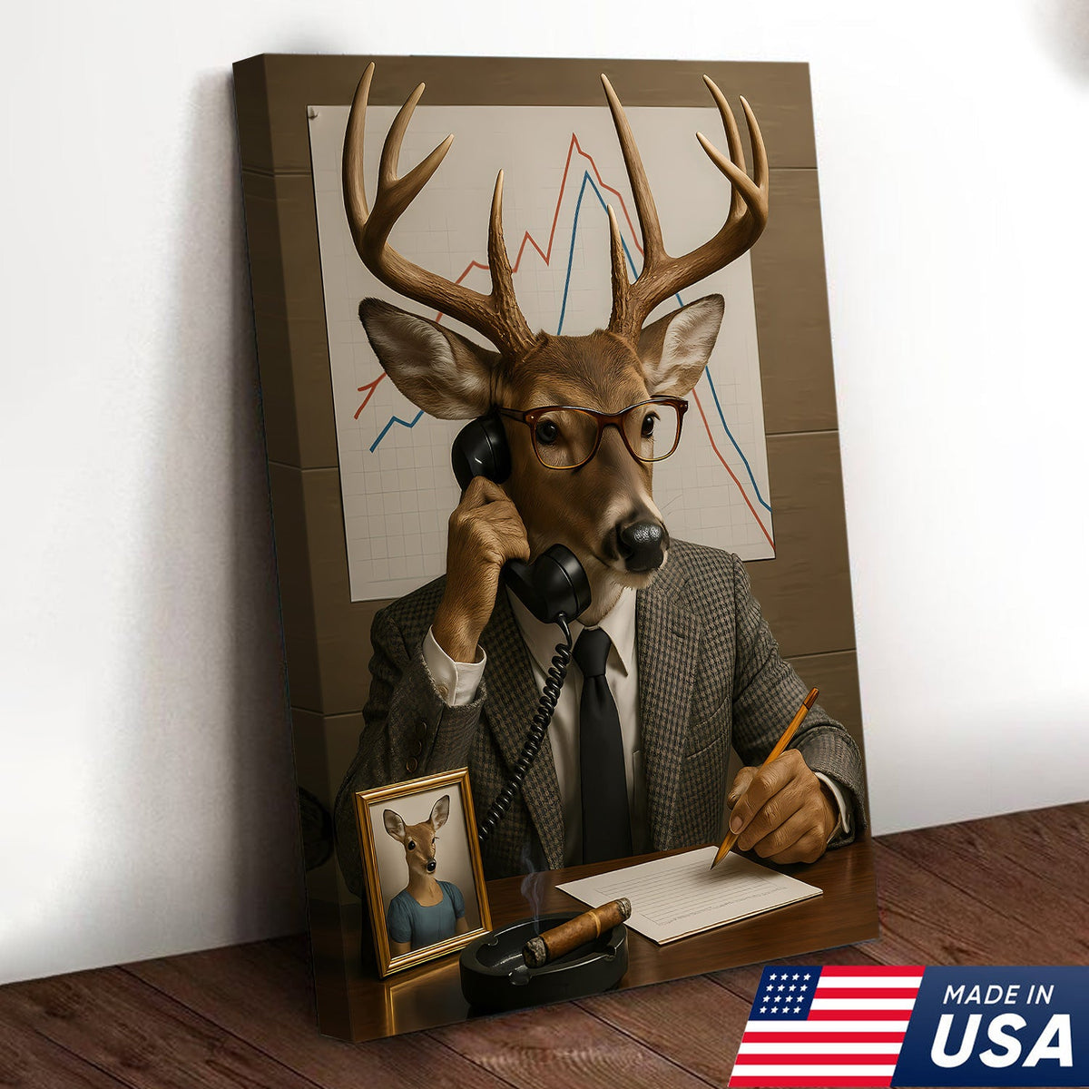Funny Deer Businessman Canvas, Hilarious Office Buck Wall Art, Quirky Animal Decor for Workspace