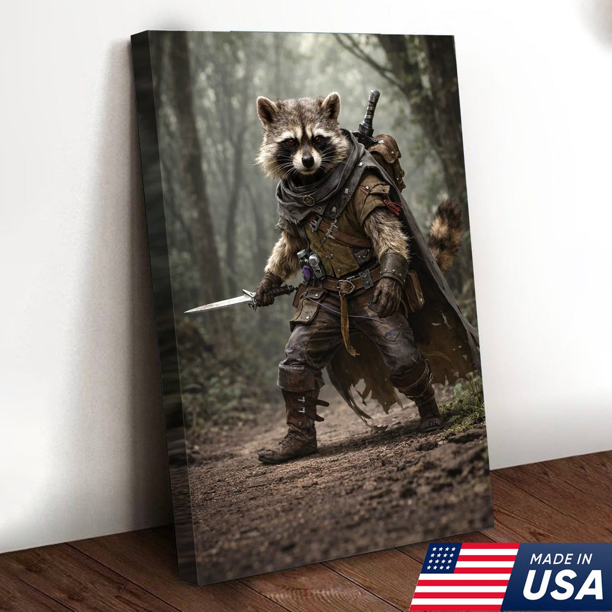 Epic Raccoon Warrior Wall Art Canvas Print, Fantasy Adventurer Animal Illustration