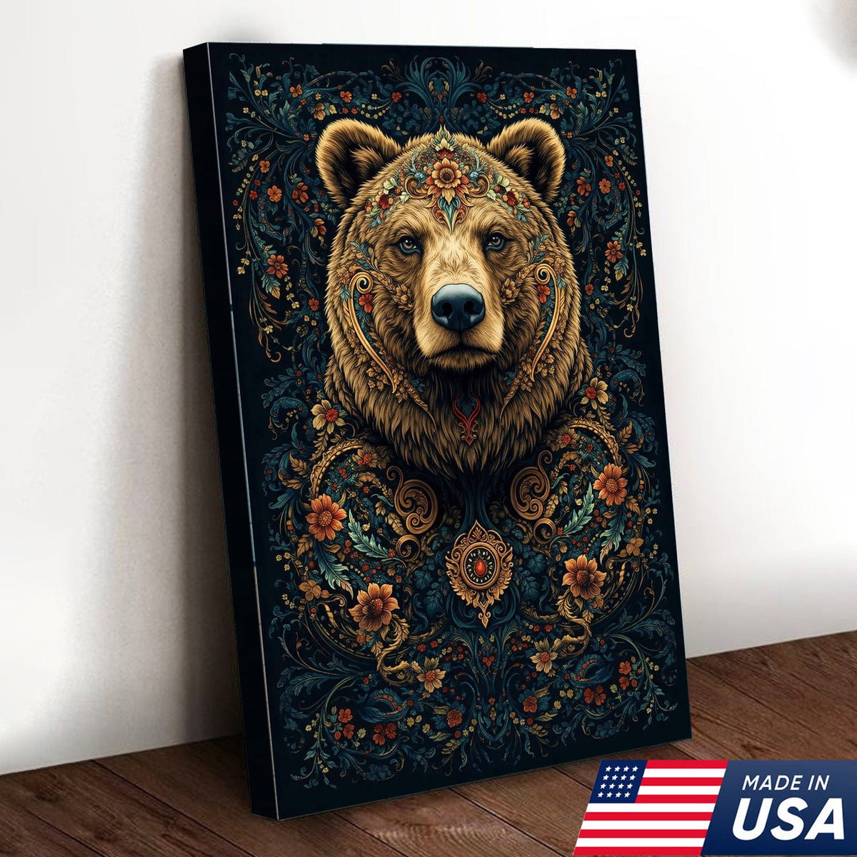 Ornate Floral Bear Canvas Wall Art, Majestic Bear Portrait with Decorative Pattern