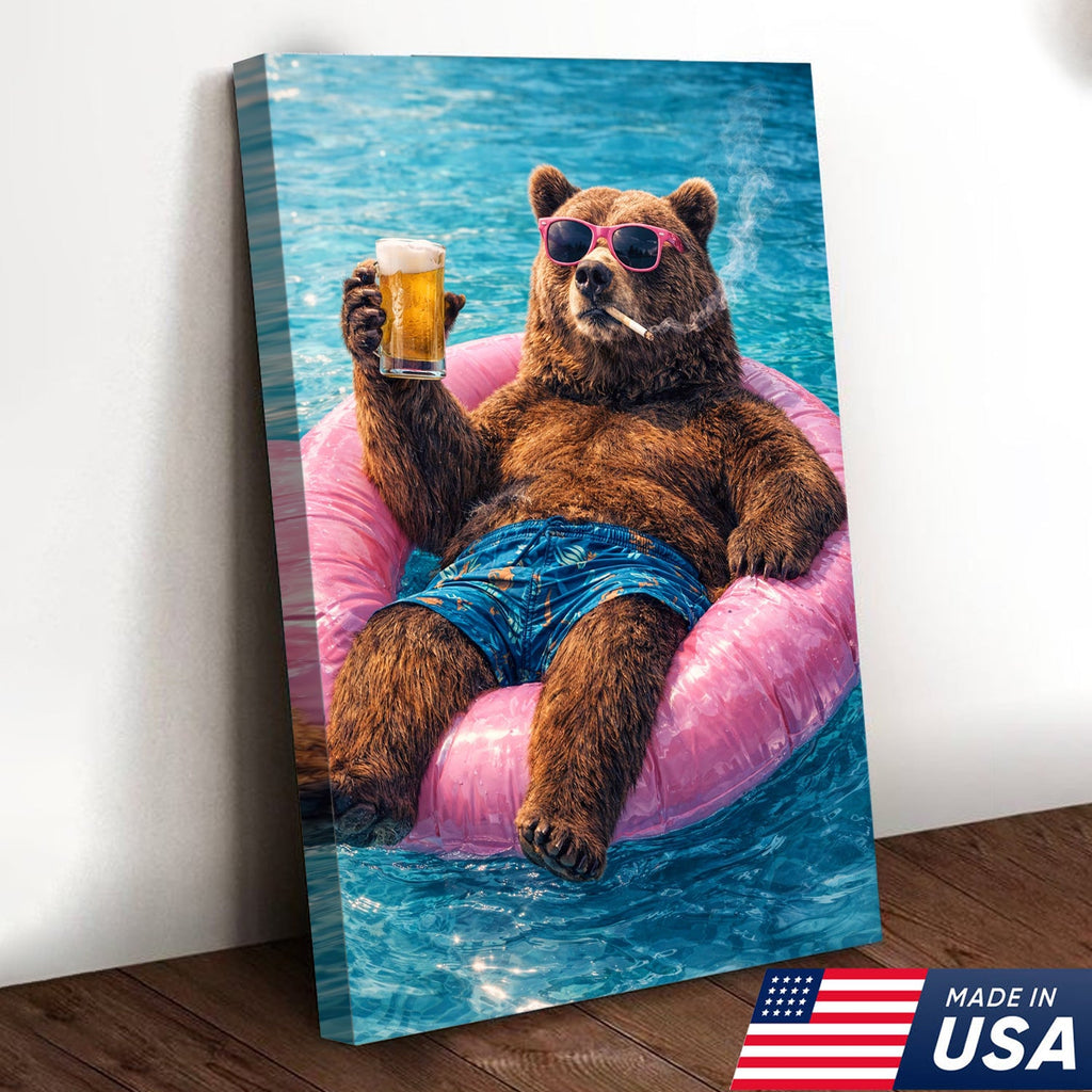 Funny Bear Pool Canvas Wall Art – Cool Bear Drinking Beer Funny Animal Decor