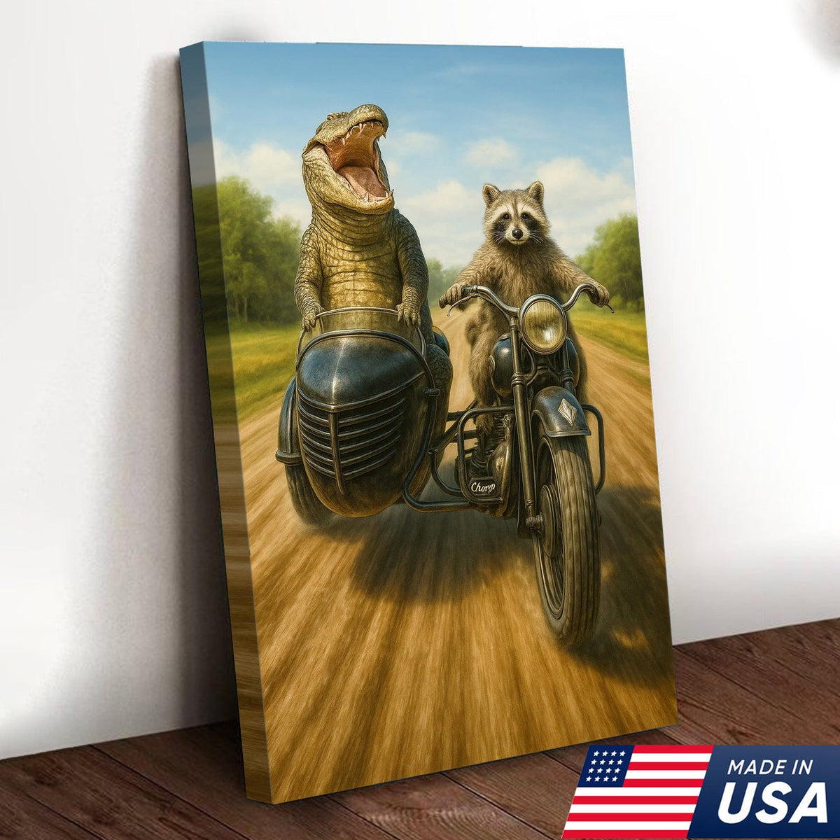 Raccoon Riding Motorcycle with Alligator Sidecar Canvas Wall Art, Funny Wildlife Road Trip Decor for Man Cave