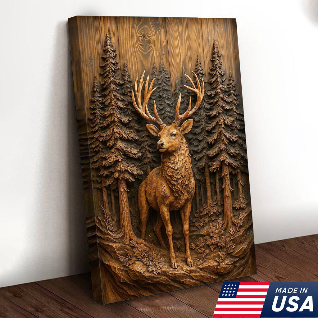 Deer in Pine Forest Canvas Wall Art, Rustic Wood Carved Look Buck Artwork