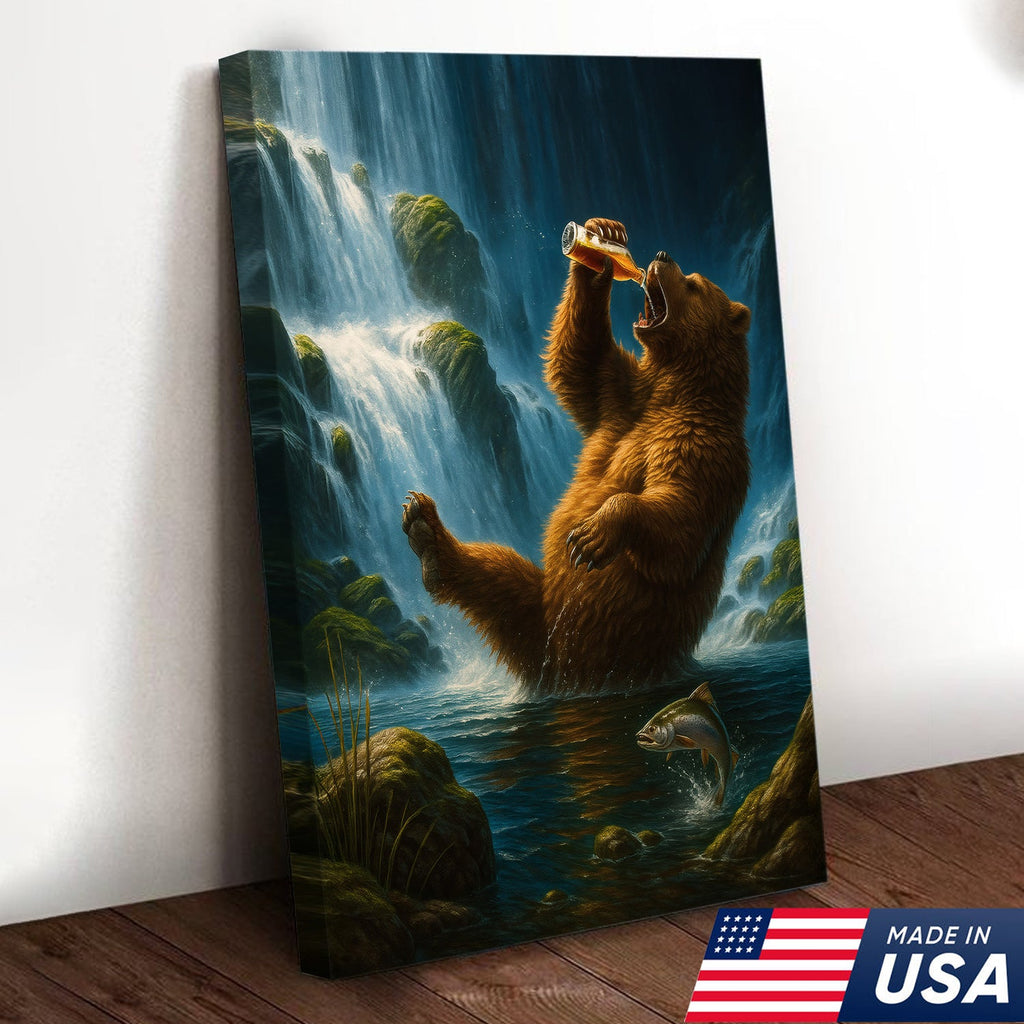 Funny Beer Bear Canvas Wall Art – Perfect Gift for Beer Lovers, Hunters & Outdoor Adventurers