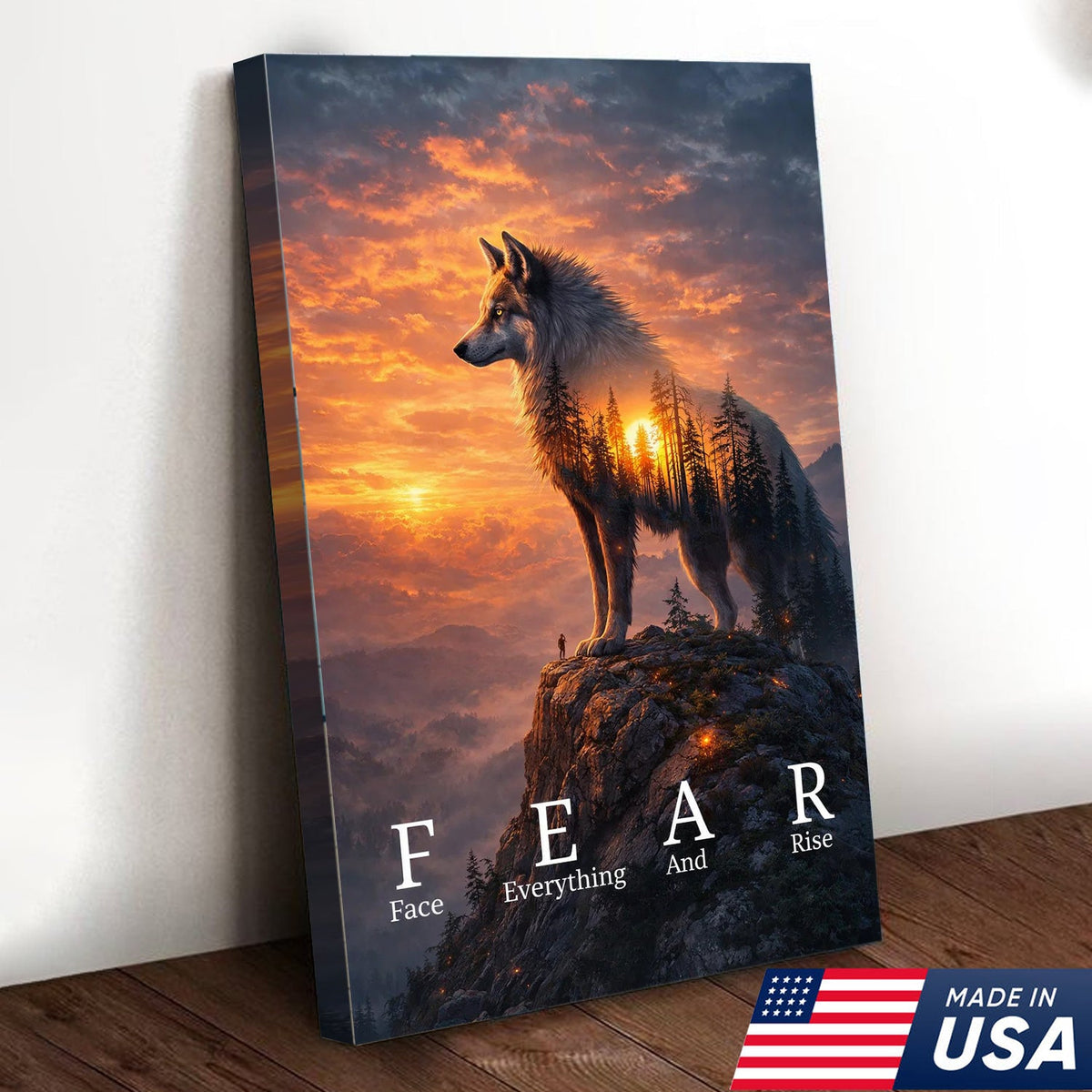 Fear Face Everything And Rise Wolf Canvas Wall Art, Inspirational Sunset Wolf Artwork