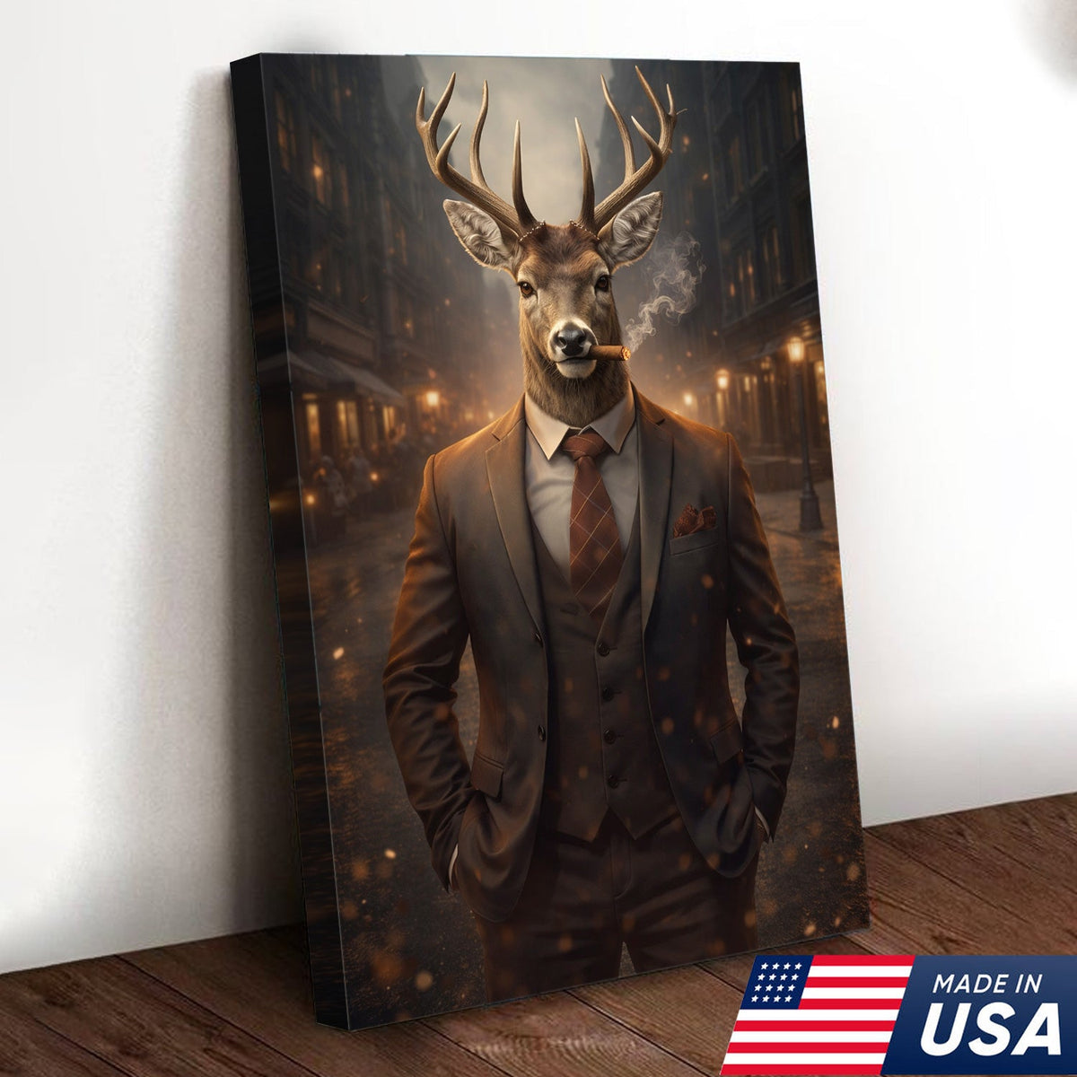 Stylish Deer Gentleman Canvas Wall Art, Anthropomorphic Animal City Night Artwork