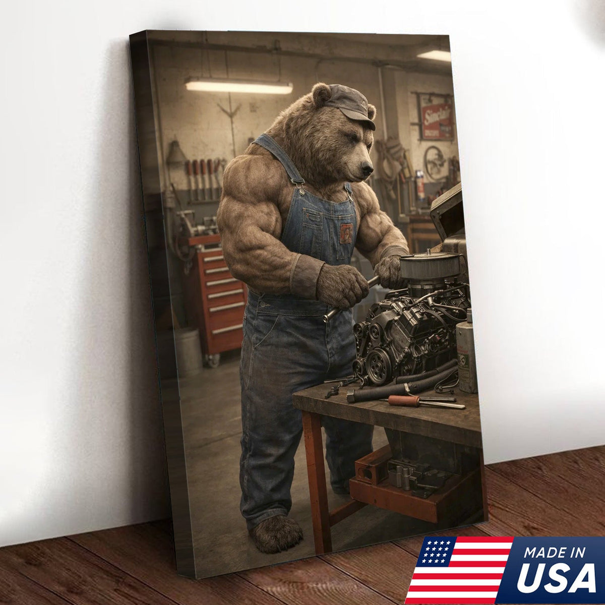 Muscular Bear Mechanic Canvas Wall Art – Realistic Animal Workshop Print