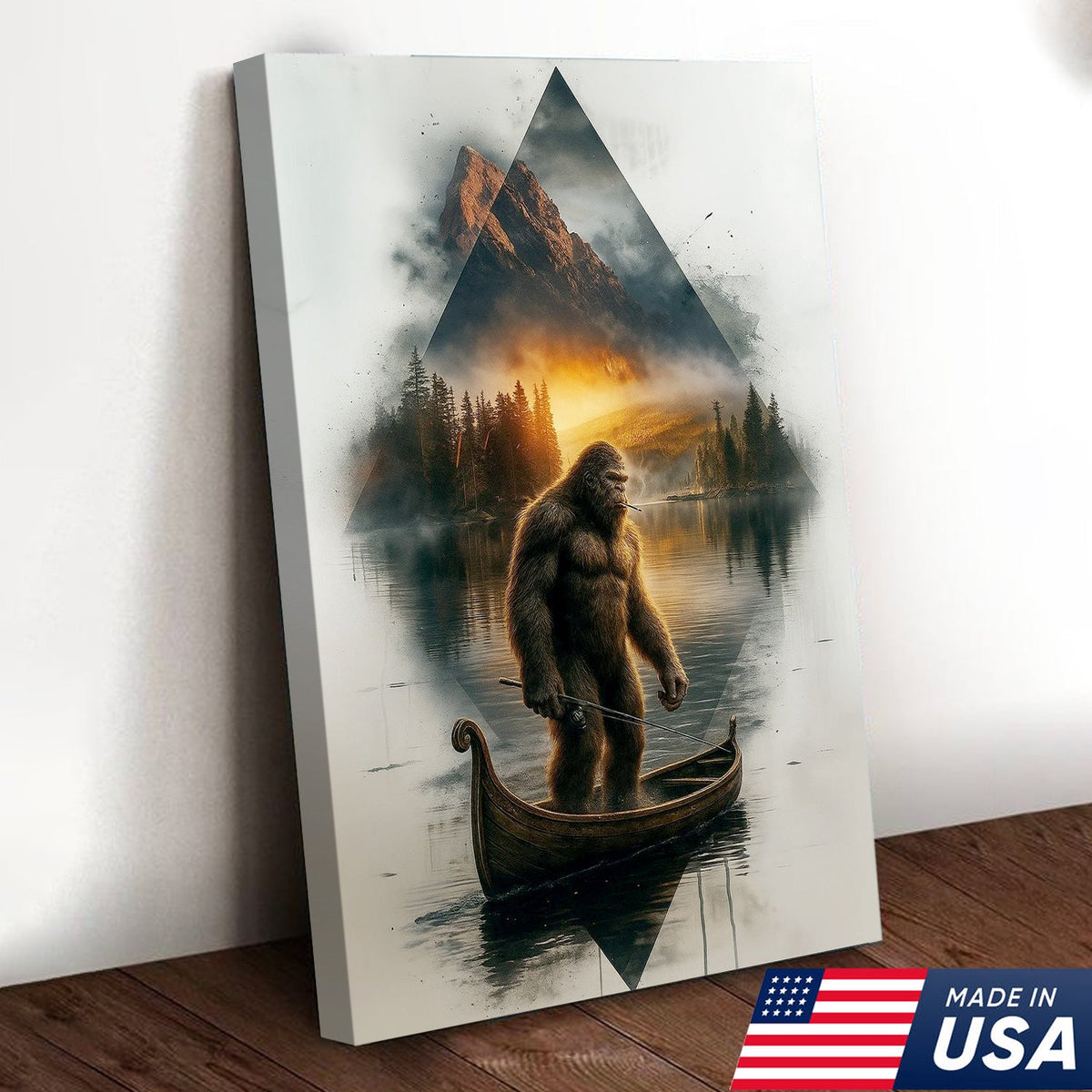 Bigfoot Fishing On Wooden Boat Adventure Canvas Wall Art – Mysterious Forest Lake Decor