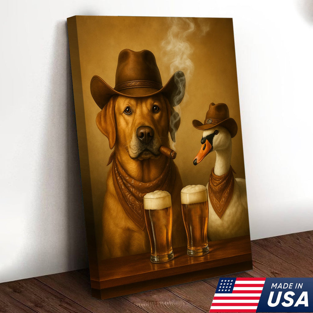 Funny Cowboy Dog & Geese Wall Art Canvas – Funny Beer & Smoking Canvas for Hunters