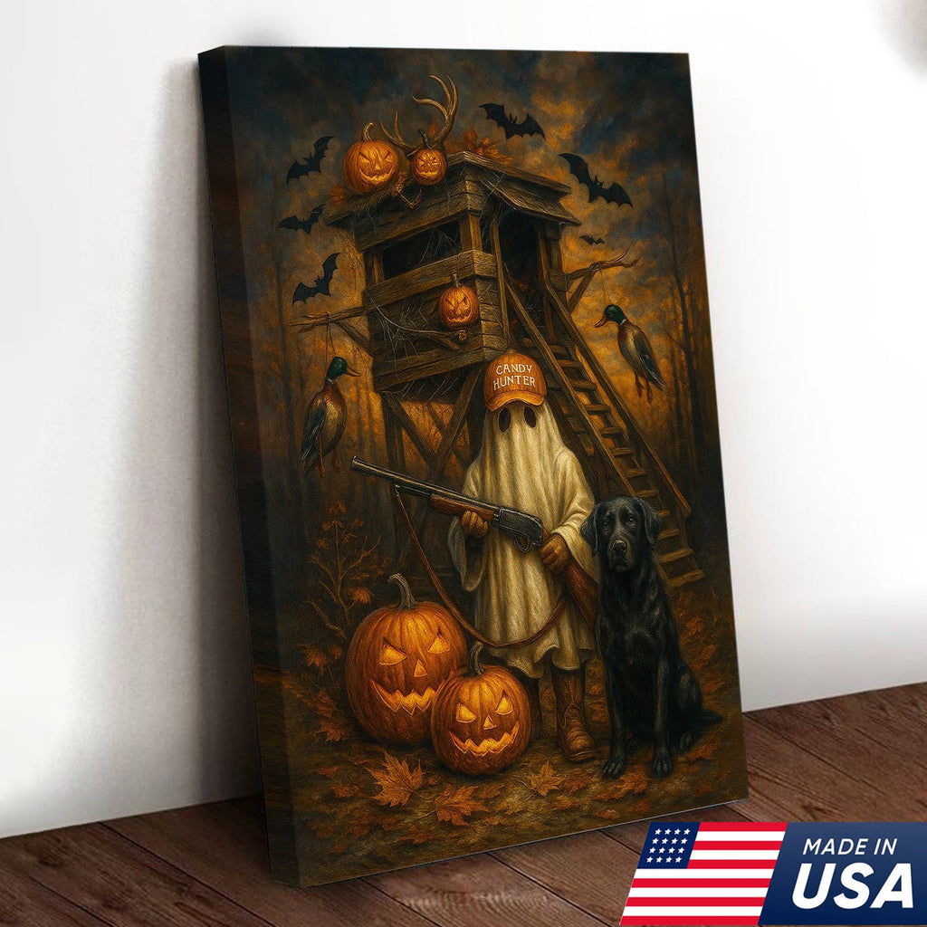 Halloween Canvas Wall Art – Ghost Hunter and Black Lab, Pumpkins, Bats and Ducks