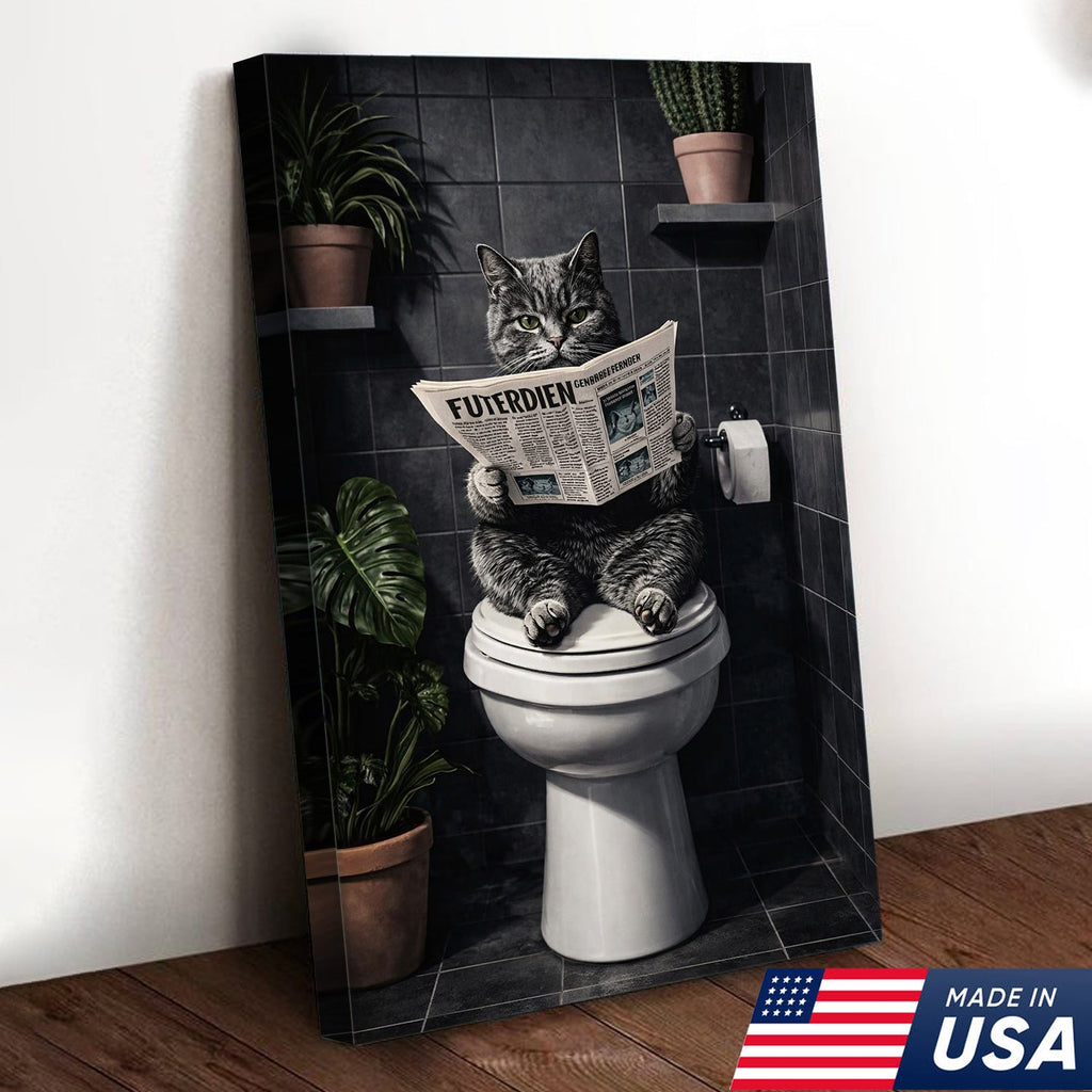 Funny Cat Bathroom Canvas – Cat On Toilet Wall Art – Meme Decor