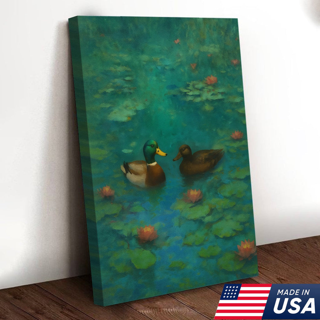 Romantic Mallard Duck Canvas Wall Art – Tranquil Pond & Water Lily Canvas
