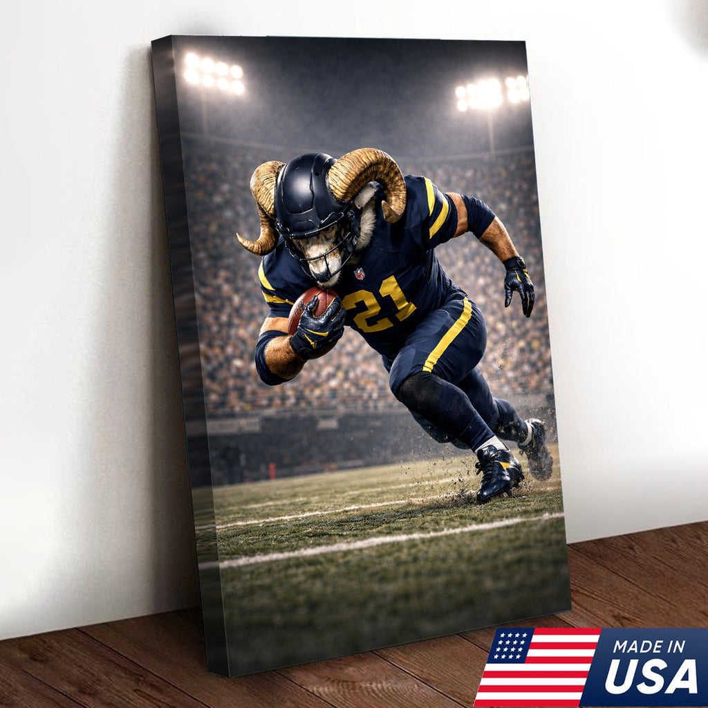 Mighty Ram Football Canvas Wall Art – Horned Athlete Stadium Action Print