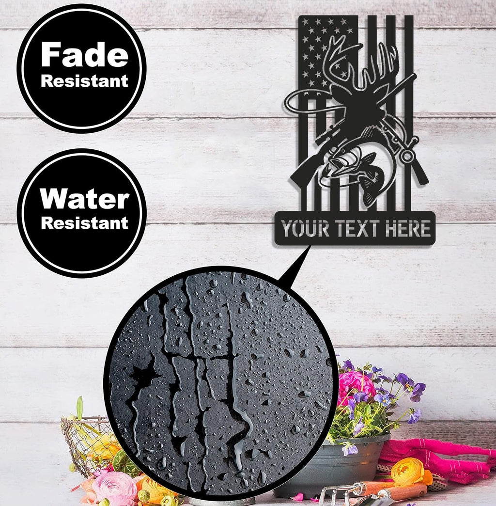 Personalized Deer and Fish American Flag Metal Sign WITH LED/WITHOUT LED, Hunting and Fishing Wall Art