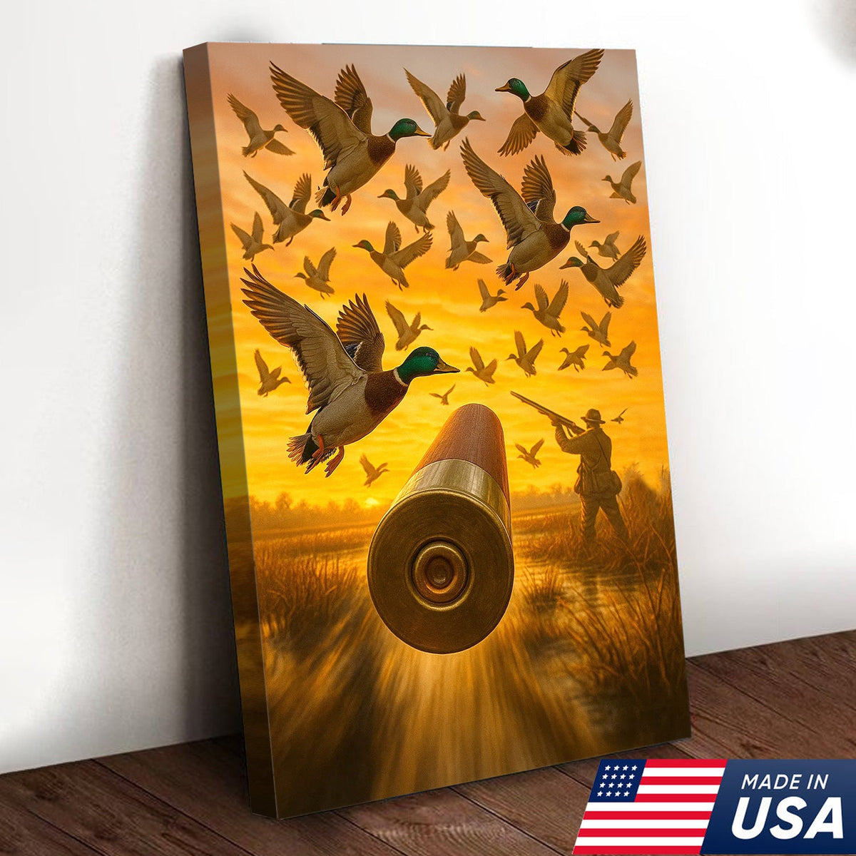 Duck Hunting Canvas Wall Art, Shotgun Shell and Flying Mallards Artwork, Rustic Cabin Decor for Hunters