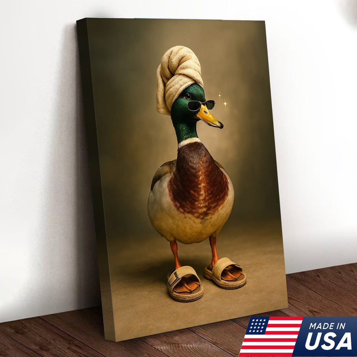 Spa Day Duck Canvas Wall Art, Funny Mallard in Towel and Sandals Bathroom Decor