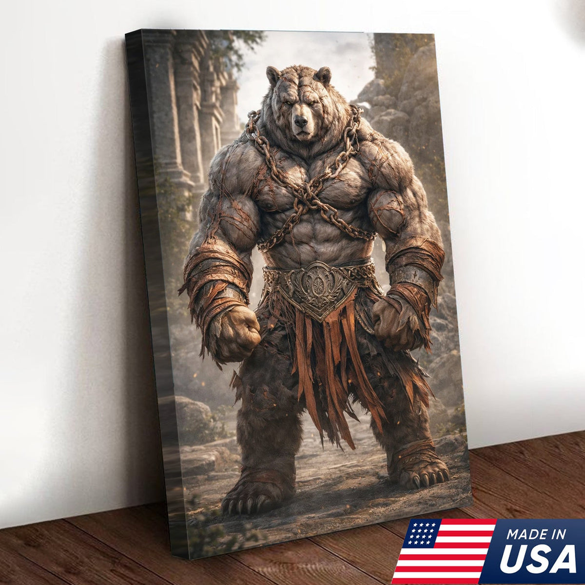 Epic Warrior Bear Canvas Wall Art – Fantasy Barbarian Animal Print