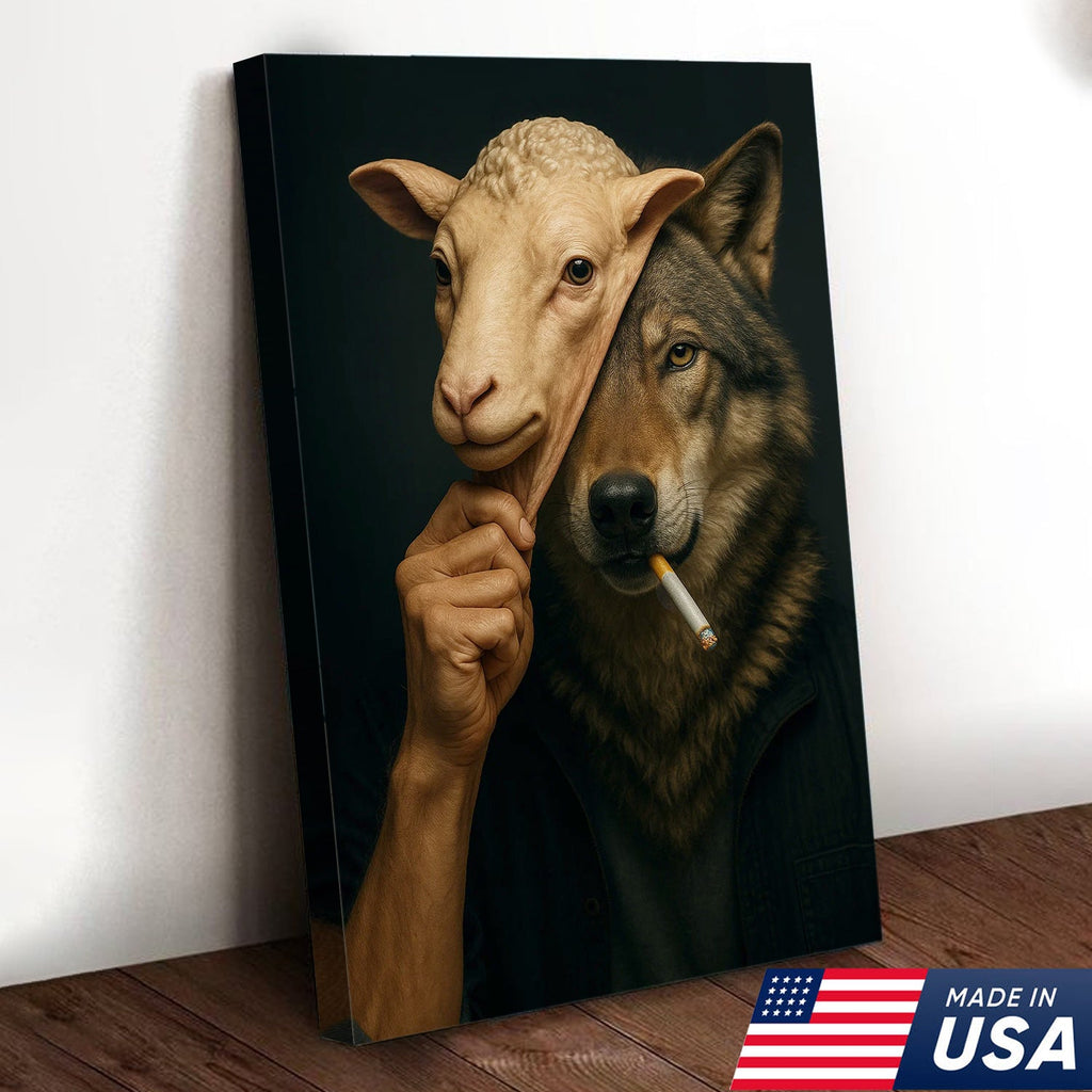 Dark Humor Wolf Wall Art — “Wolf in Sheep’s Clothing” Smoking Cigarette Concept Canvas