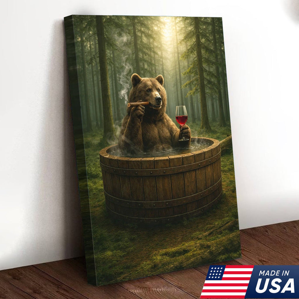 Relaxing Bear Forest Bath Canvas Wall Art, Whimsical Woodland Animal Illustration