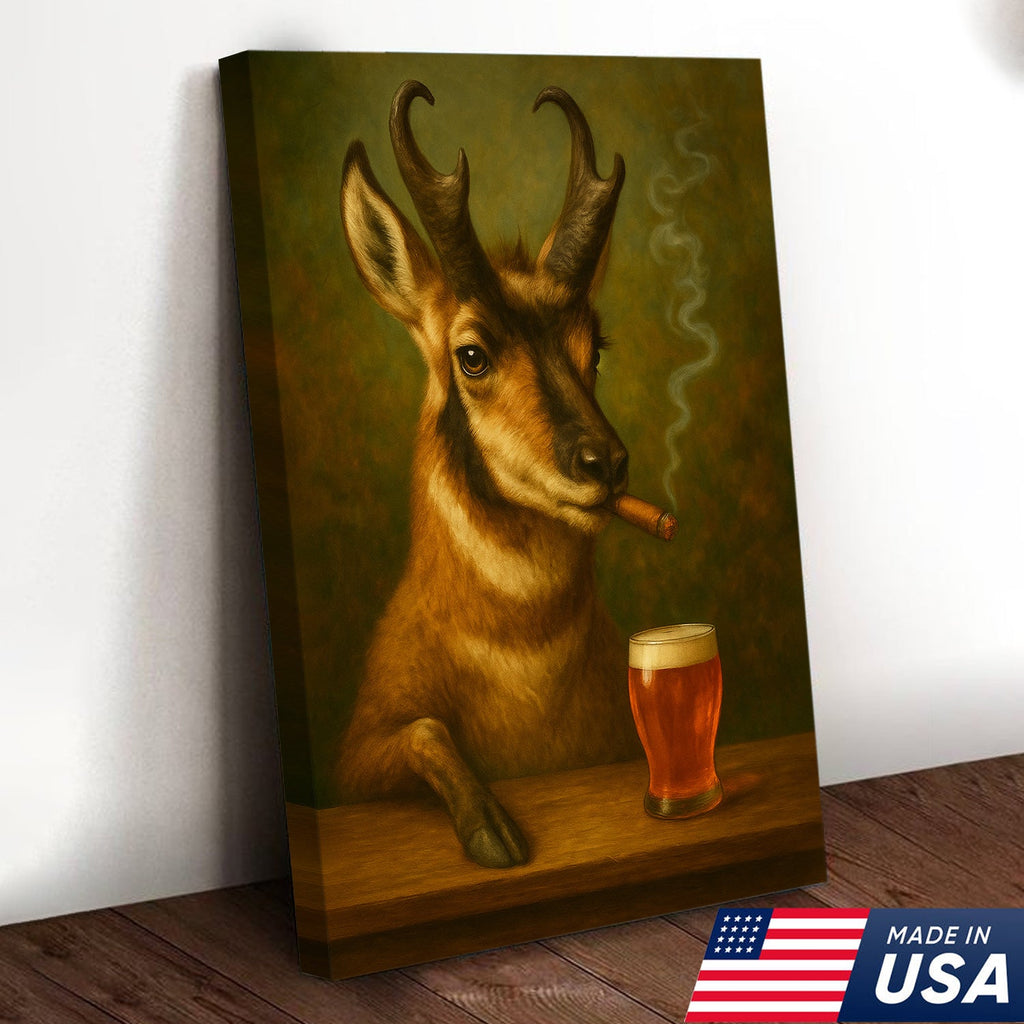 Funny Pronghorn Antelope Smoking & Beer Canvas Wall Art - Hunting Perfect Gift for Hunters & Cocktail Glasses Lovers