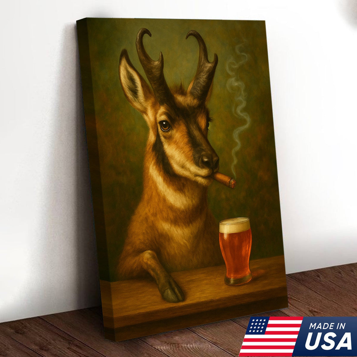 Funny Pronghorn Antelope Smoking & Beer Canvas Wall Art - Hunting Perfect Gift for Hunters & Cocktail Glasses Lovers