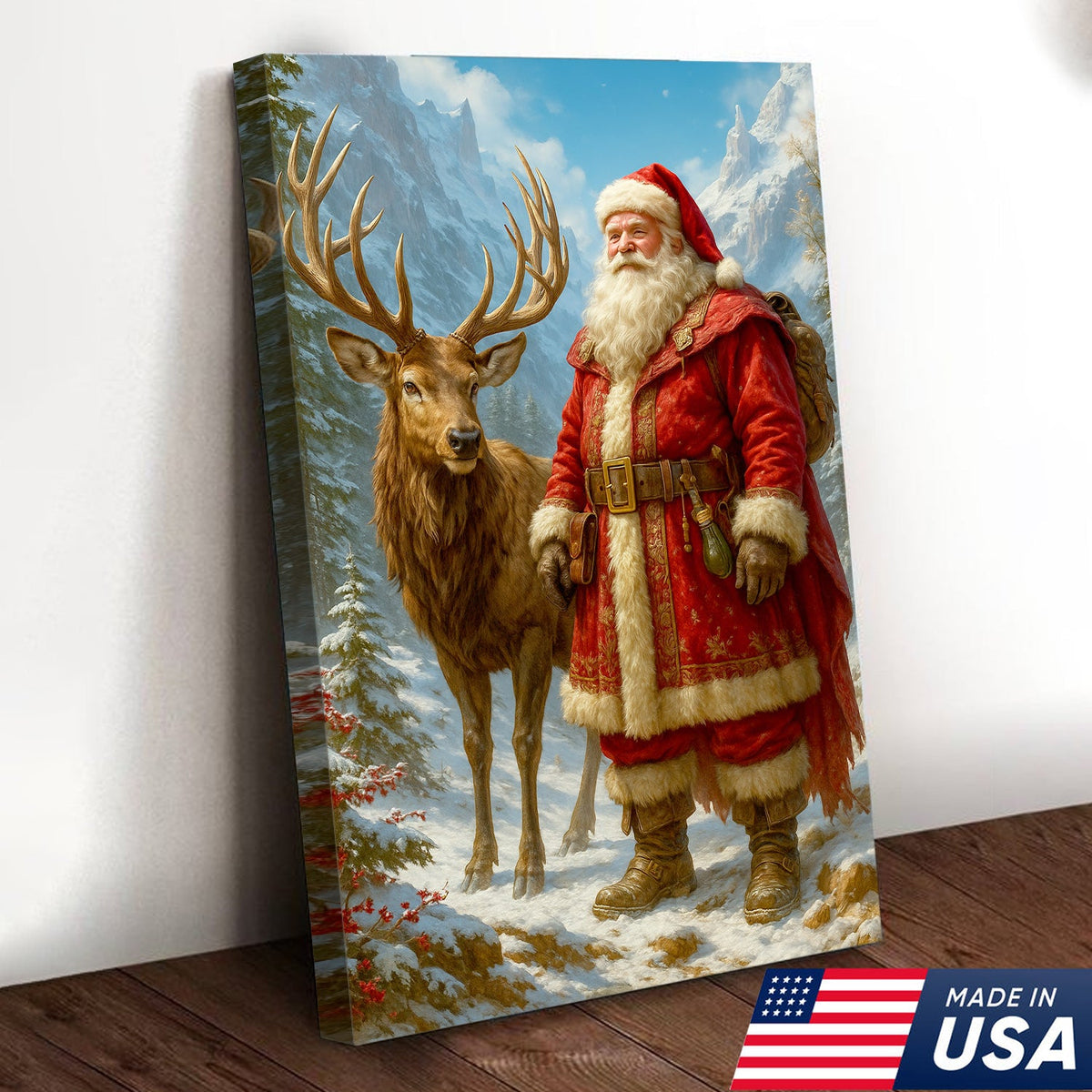 Vintage Santa Claus & Reindeer Canvas – Classic Christmas Wall Art, Cozy Winter Decor